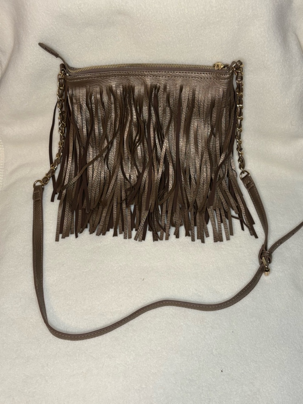 Unbranded Gold Metallic Leather Fringe Crossbody Bag